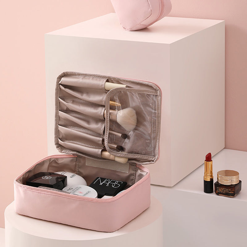 All-in-One Makeup Organizer for Travel – Compact Cosmetic Storage with Multiple Compartments and Elastic Brush Slots 4