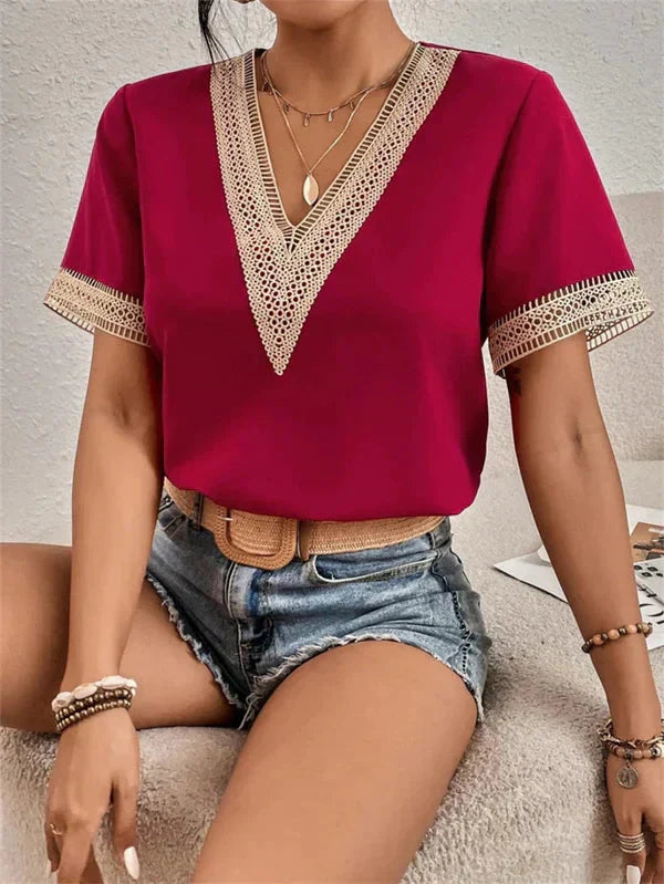 Women Boho Chic Crochet Trim V-neck Top | Olivia
