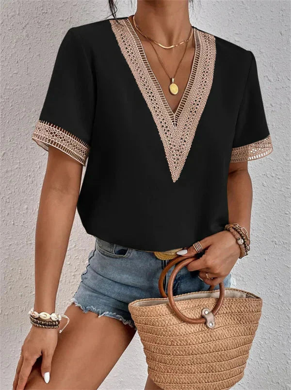 Women Boho Chic Crochet Trim V-neck Top | Olivia