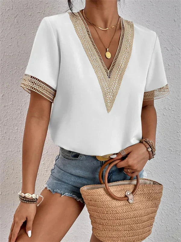 Women Boho Chic Crochet Trim V-neck Top | Olivia