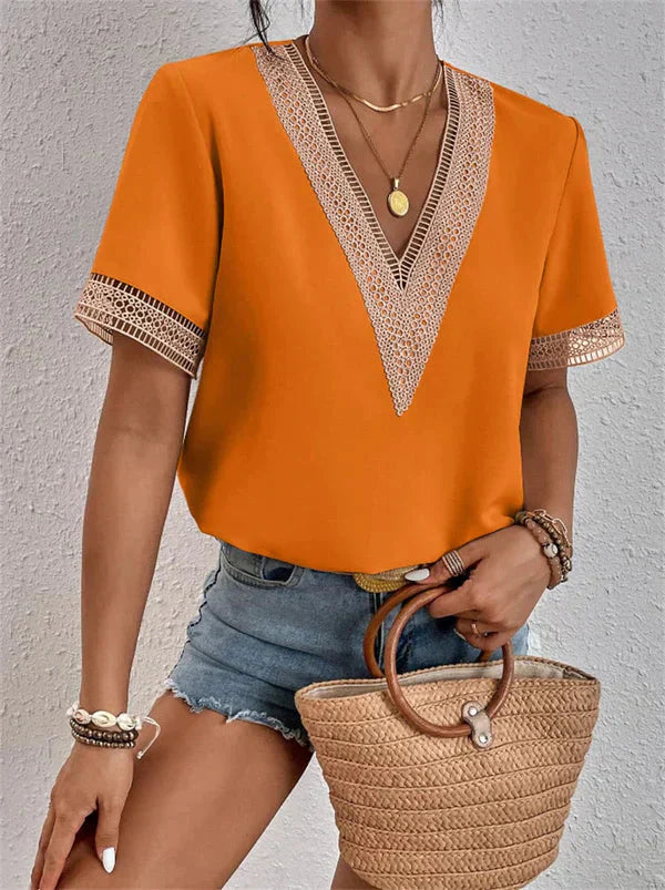 Women Boho Chic Crochet Trim V-neck Top | Olivia