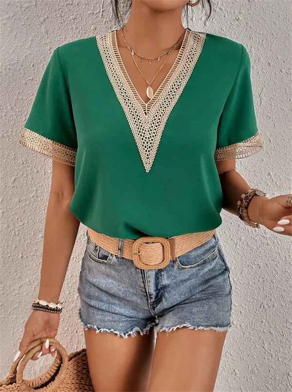 Women Boho Chic Crochet Trim V-neck Top | Olivia