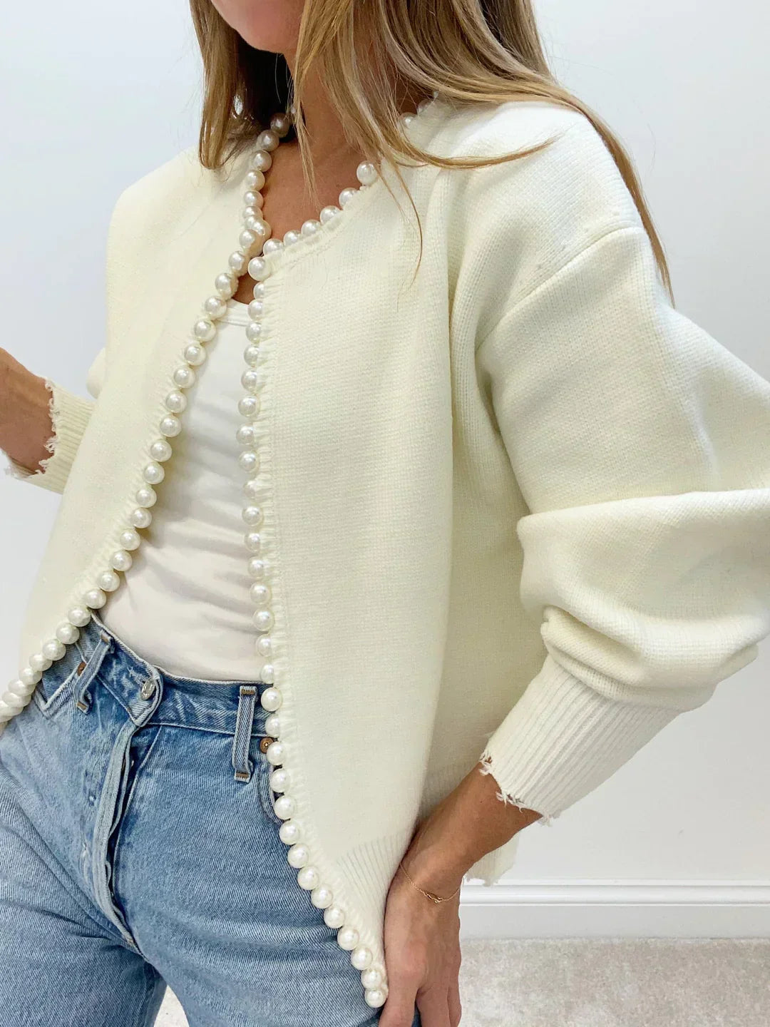 Women Pearl-Embellished Open Cardigan | Gwyndolyn