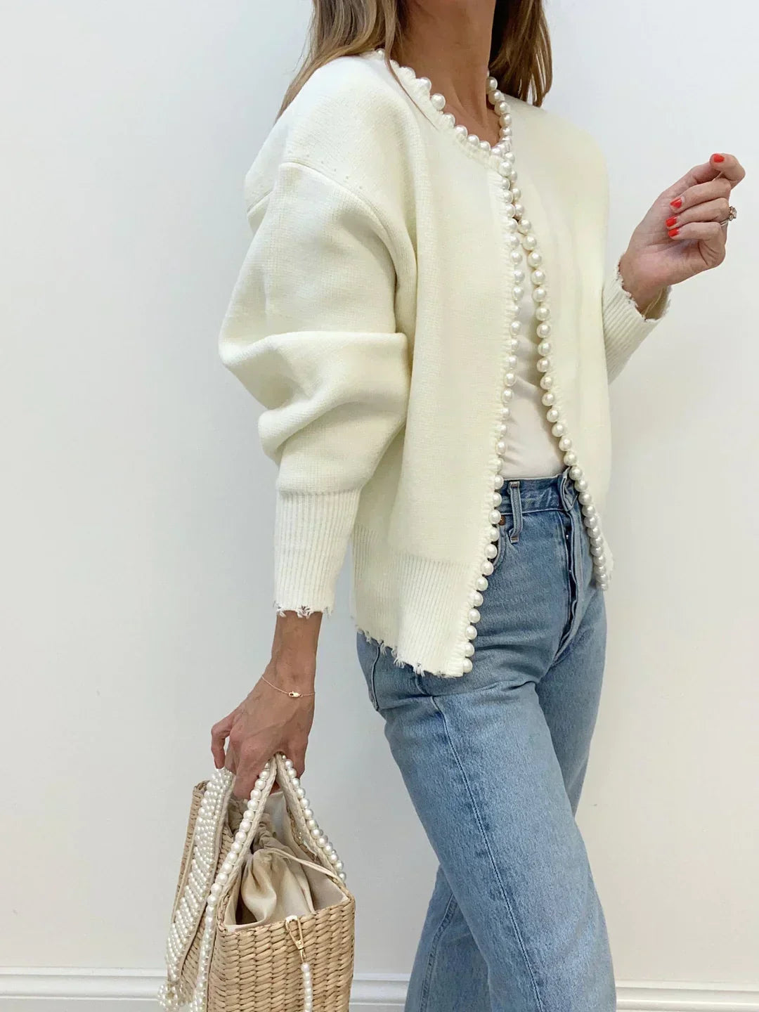 Women Pearl-Embellished Open Cardigan | Gwyndolyn