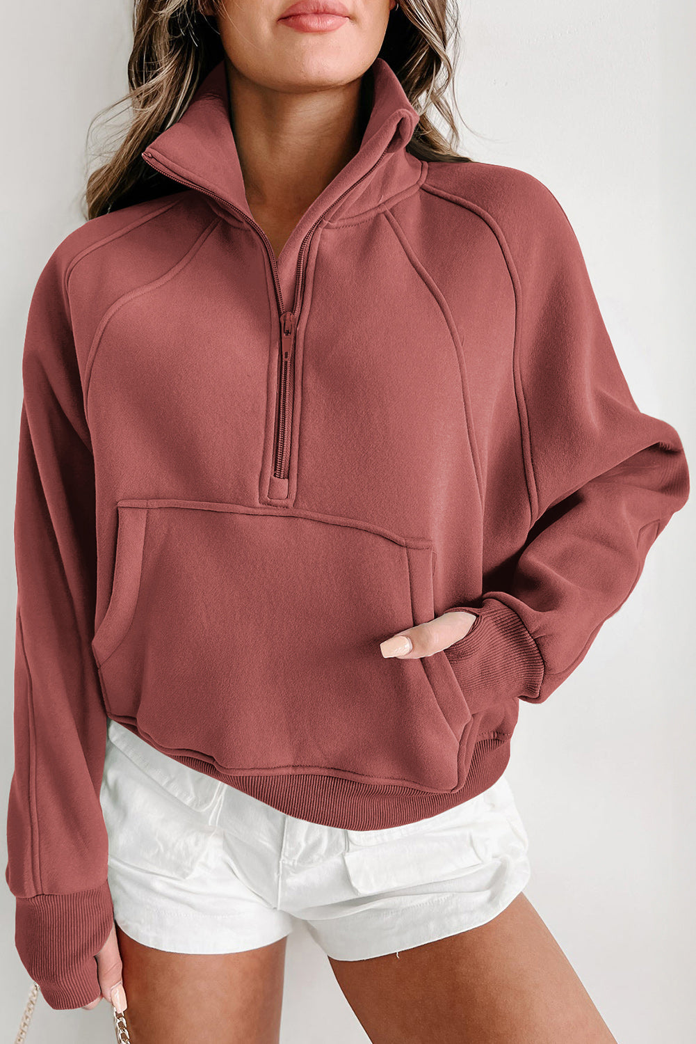 Brown Zip-Up Sweatshirt with Stand Collar and Thumbhole Sleeves – Casual Chic Design 0