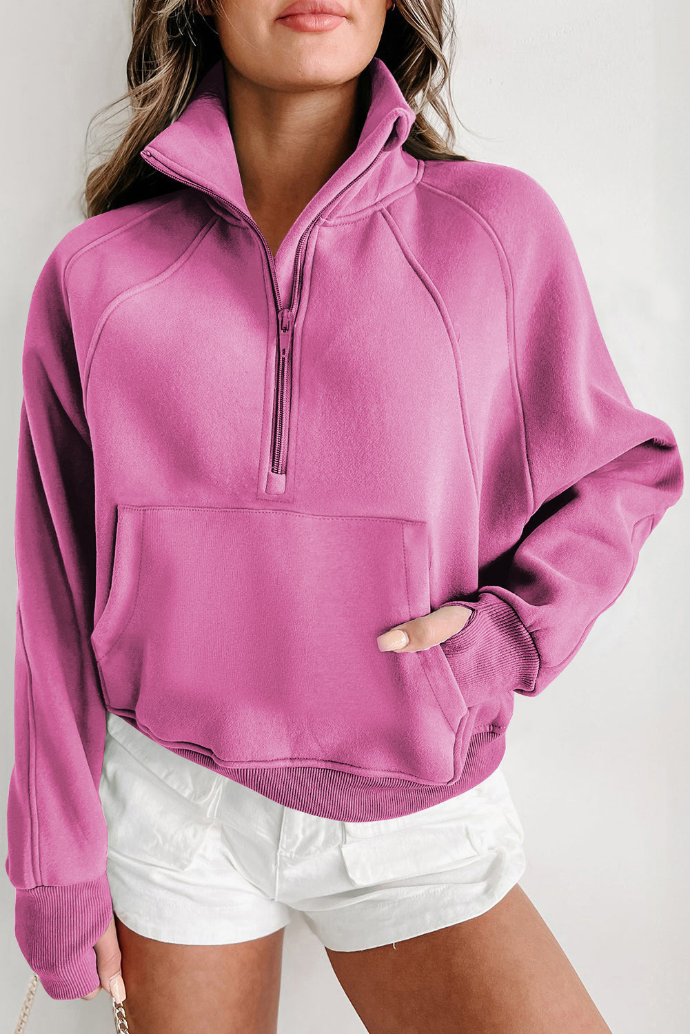 Brown Zip-Up Sweatshirt with Stand Collar and Thumbhole Sleeves – Casual Chic Design 11