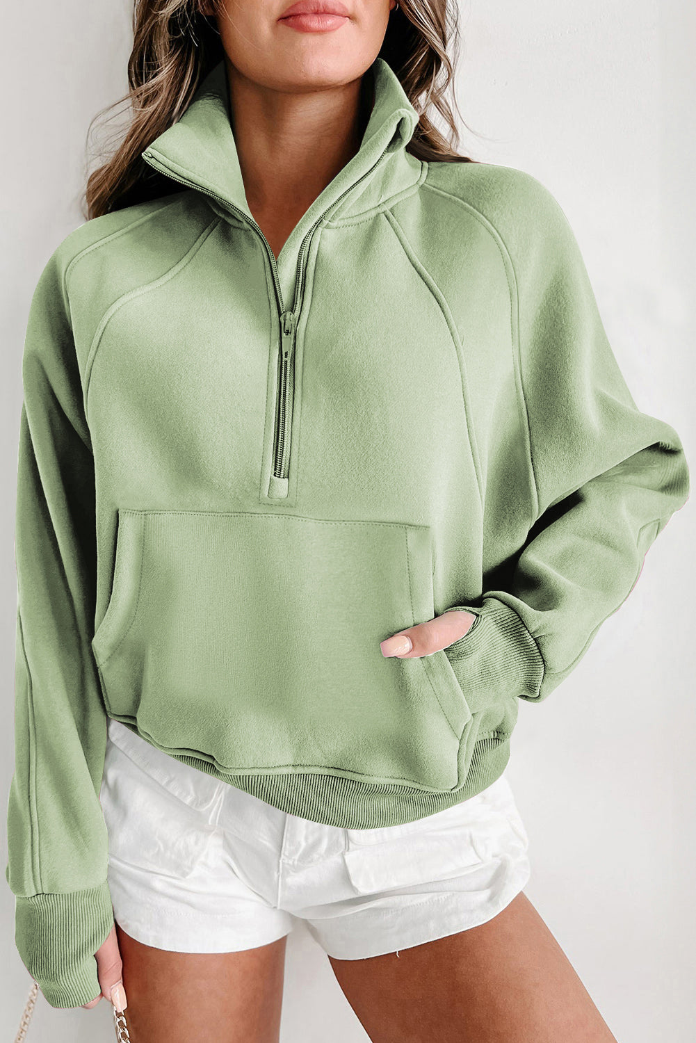 Brown Zip-Up Sweatshirt with Stand Collar and Thumbhole Sleeves – Casual Chic Design 13
