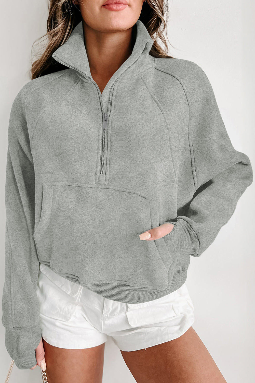 Brown Zip-Up Sweatshirt with Stand Collar and Thumbhole Sleeves – Casual Chic Design 14