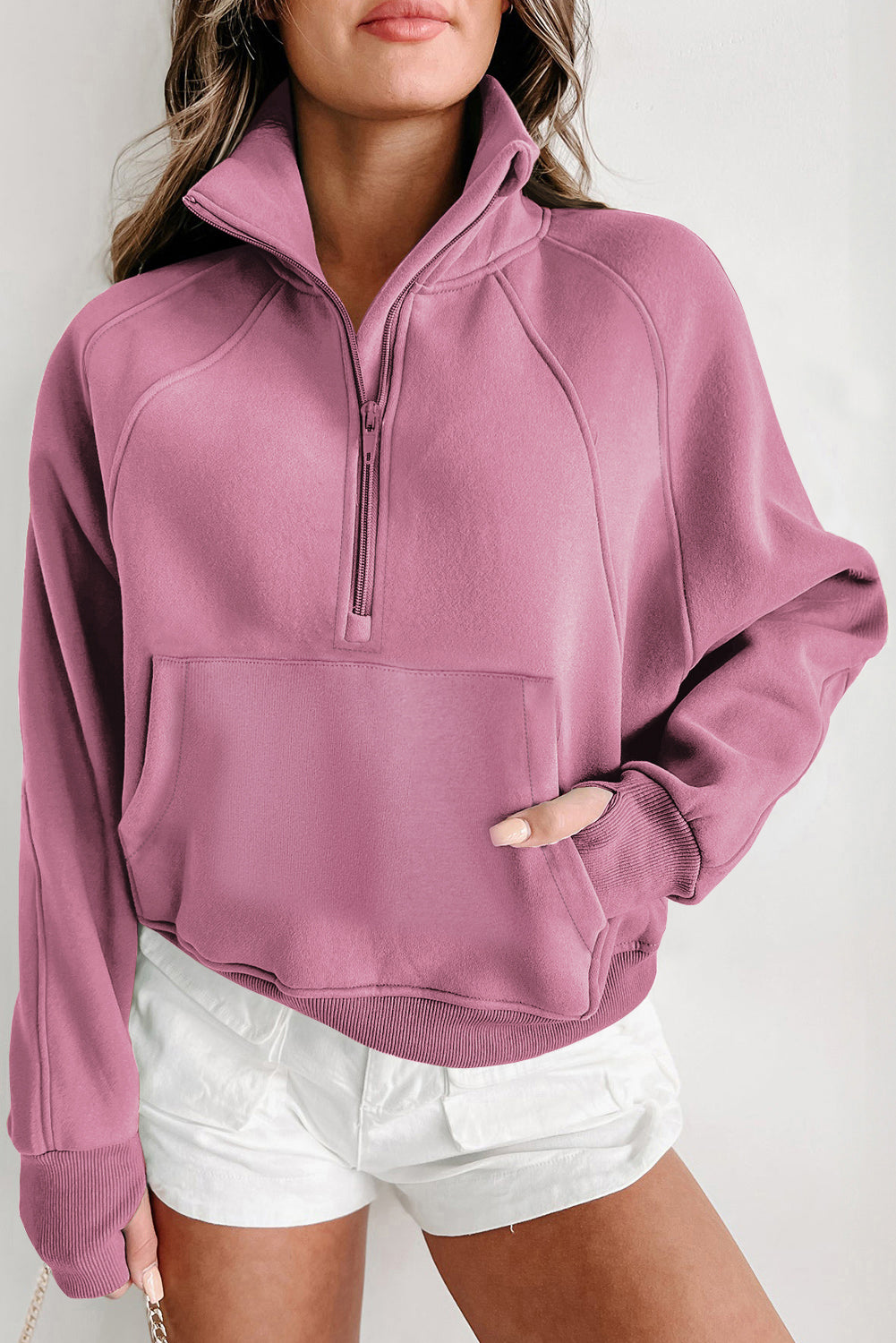 Brown Zip-Up Sweatshirt with Stand Collar and Thumbhole Sleeves – Casual Chic Design 15