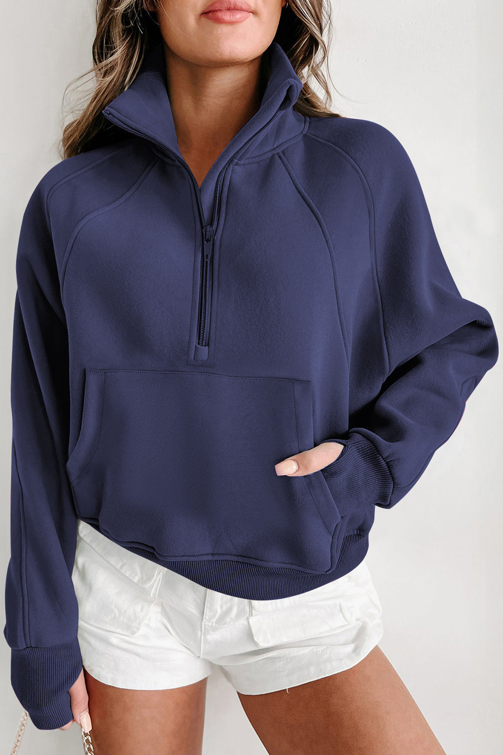 Brown Zip-Up Sweatshirt with Stand Collar and Thumbhole Sleeves – Casual Chic Design 9