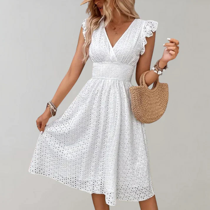 Women Flutter Sleeve Dress Blue Polyester | Eva-1