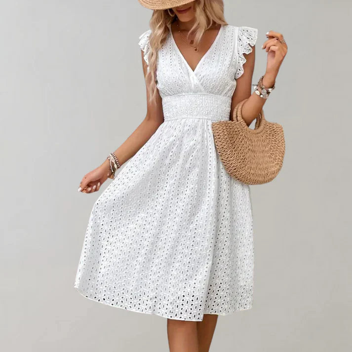 Women Flutter Sleeve Dress Blue Polyester | Eva-2