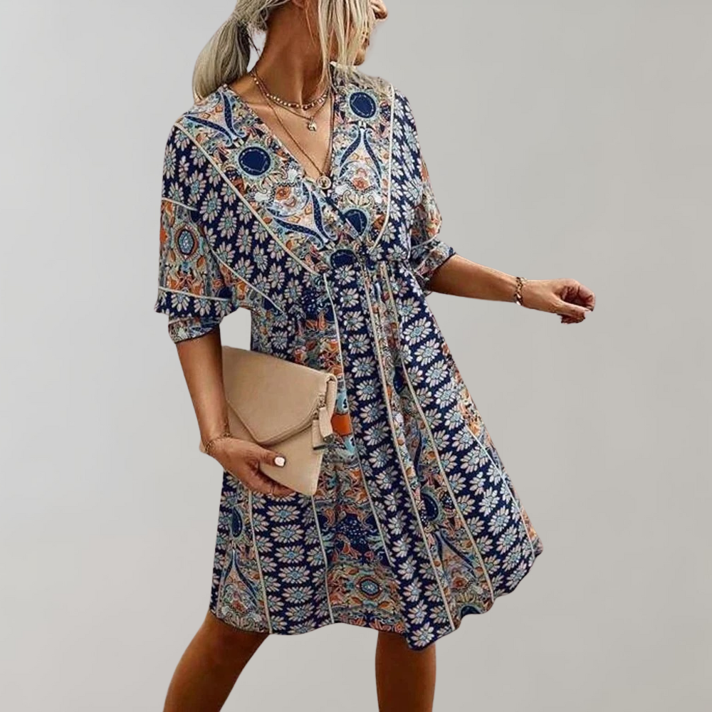 Women Boho-Inspired Empire Waist Mini Dress with Floral Print | Cindy