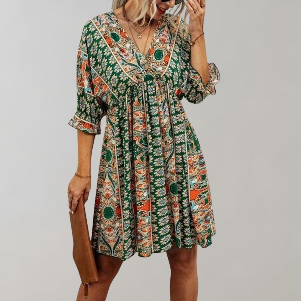Women Boho-Inspired Empire Waist Mini Dress with Floral Print | Cindy