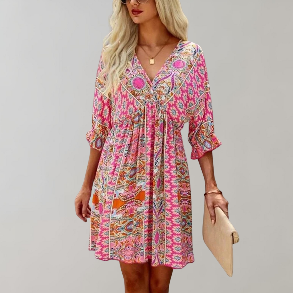 Women Boho-Inspired Empire Waist Mini Dress with Floral Print | Cindy