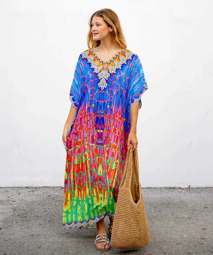 Women Bohemian Maxi Dress with Beaded Tribal Neckline | Salve