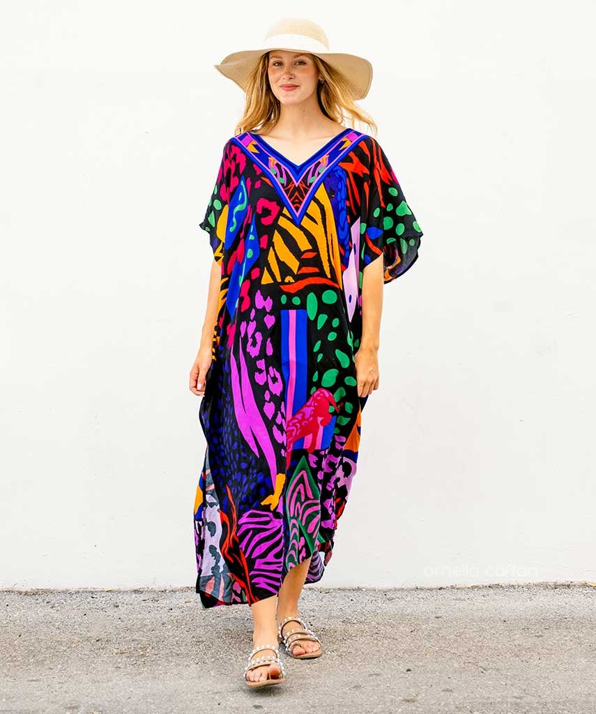 Women Bohemian Maxi Dress with Beaded Tribal Neckline | Salve