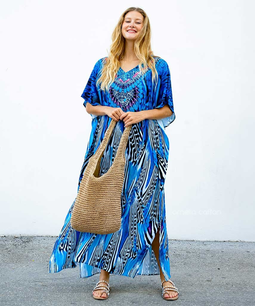 Women Bohemian Maxi Dress with Beaded Tribal Neckline | Salve