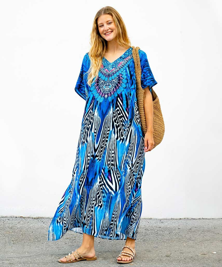 Women Bohemian Maxi Dress with Beaded Tribal Neckline | Salve