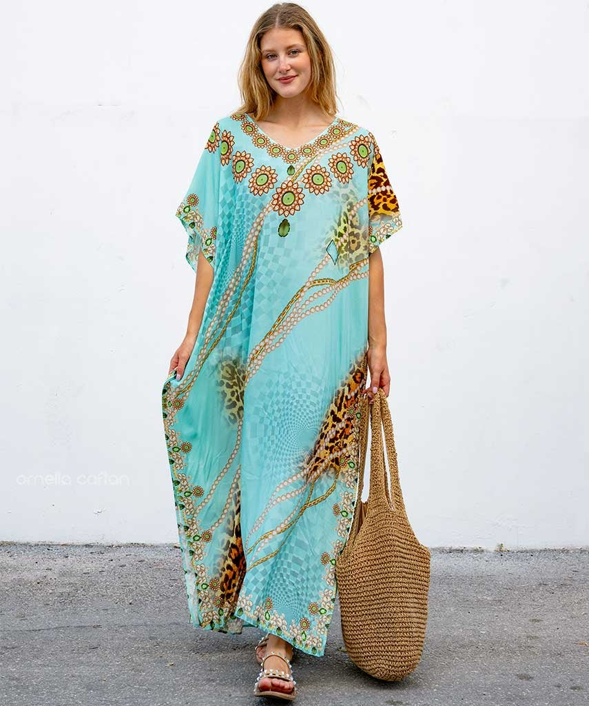 Women Bohemian Maxi Dress with Beaded Tribal Neckline | Salve
