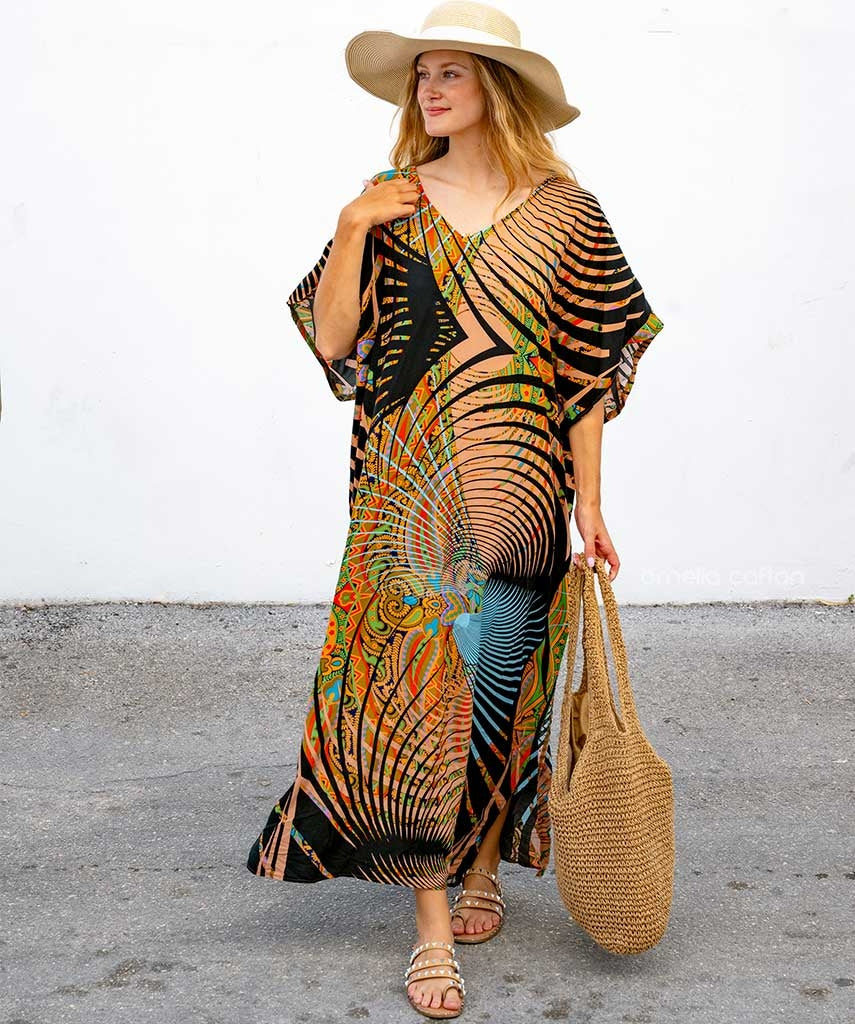 Women Bohemian Maxi Dress with Beaded Tribal Neckline | Salve
