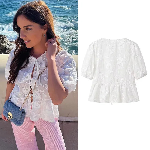 Women Embroidered Lace Tie-Front Top | Unity