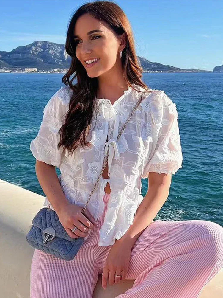 Women Embroidered Lace Tie-Front Top | Unity