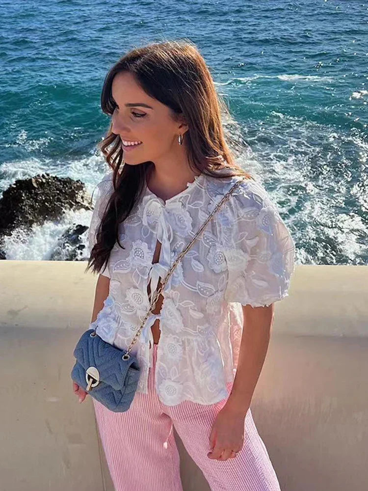 Women Embroidered Lace Tie-Front Top | Unity