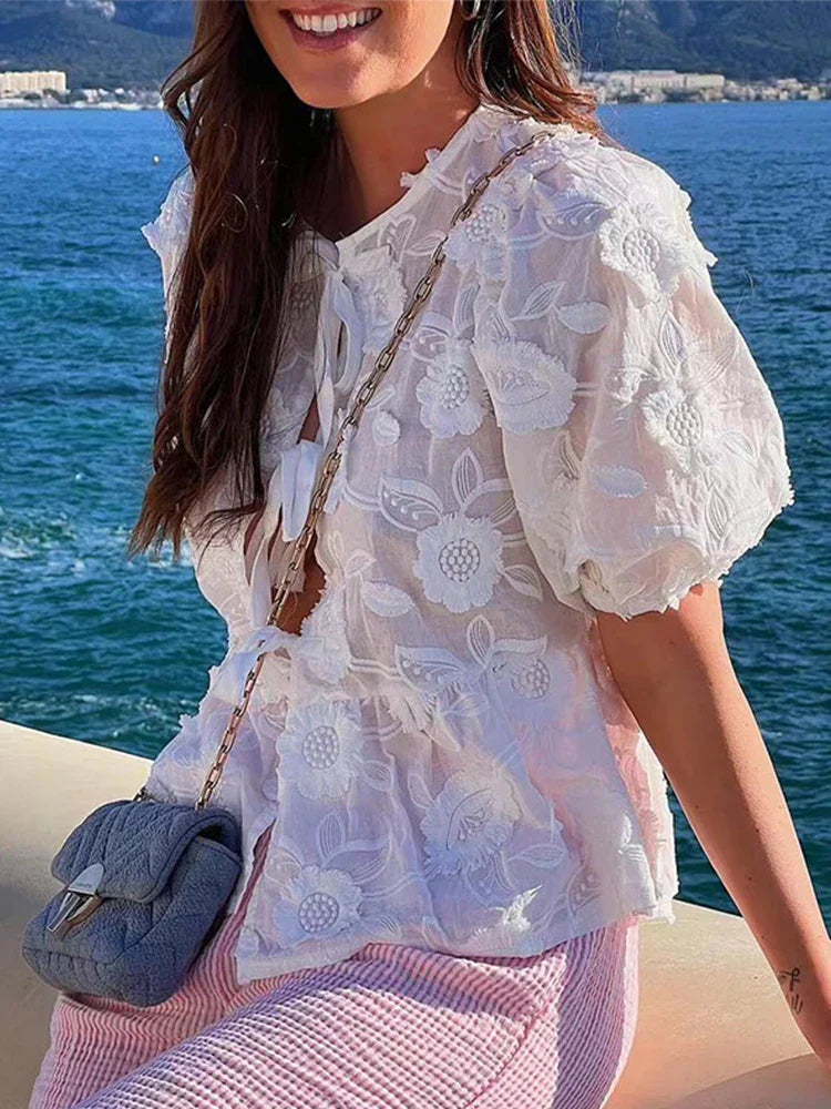 Women Embroidered Lace Tie-Front Top | Unity
