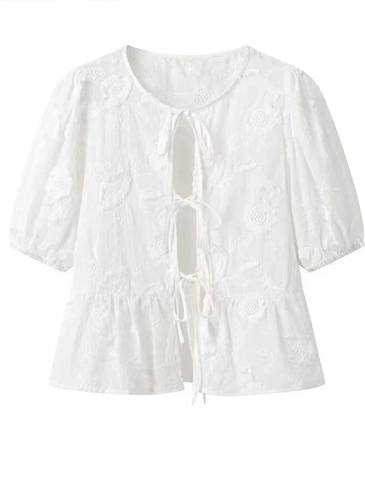 Women Embroidered Lace Tie-Front Top | Unity