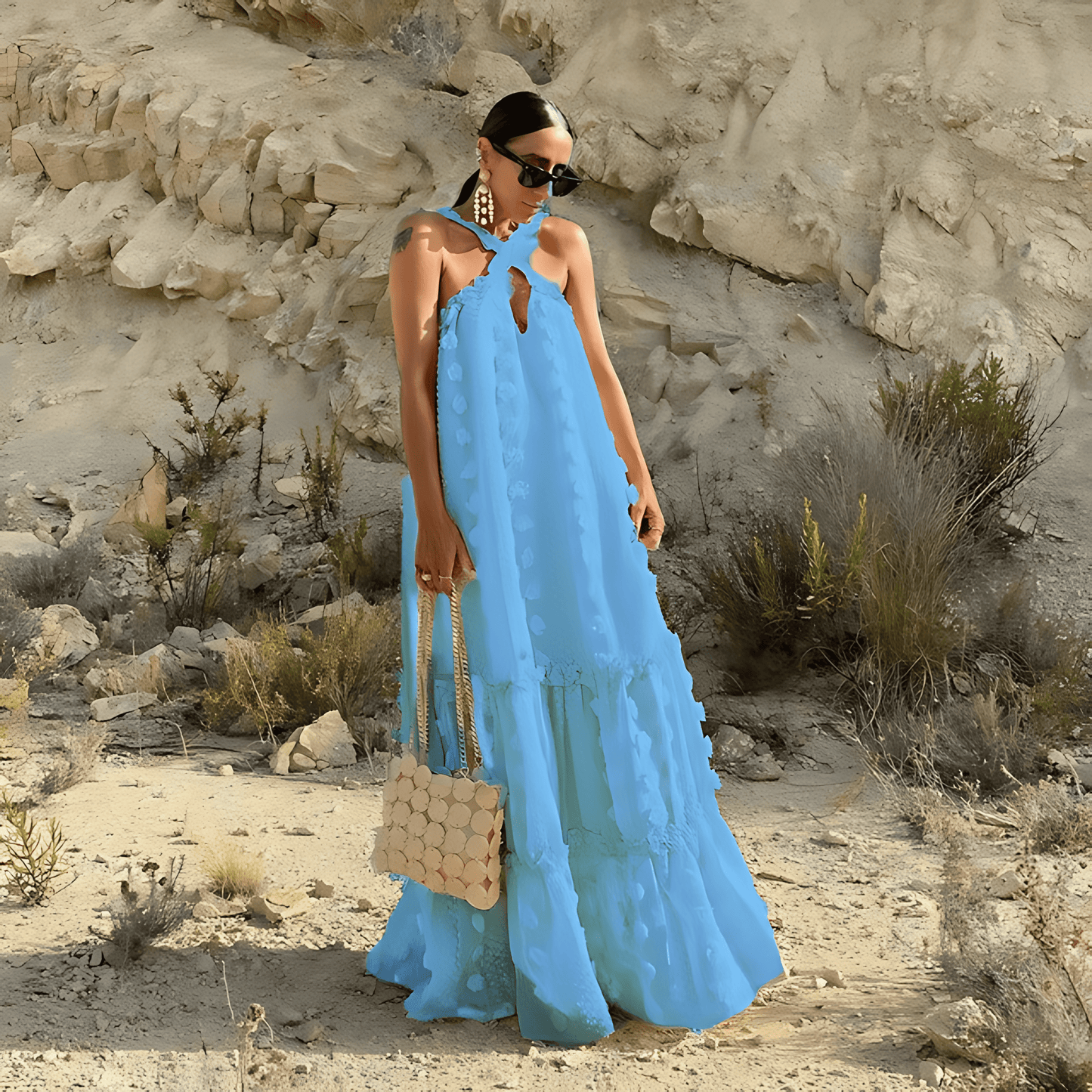 Women Flowy Halter Dress with Floral Detailing | Karina