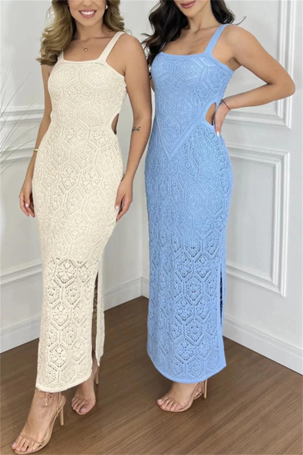 Cutout Side Slit White Maxi Dress with Eyelet Detail – Semi-Sheer Stretchy Polyester Long Dress for Women 3