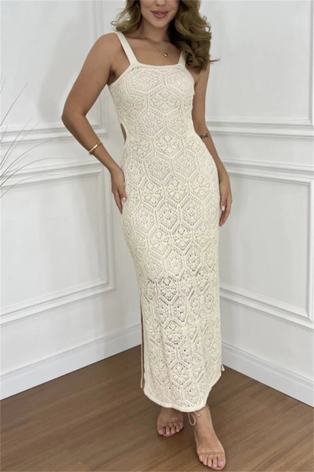 Cutout Side Slit White Maxi Dress with Eyelet Detail – Semi-Sheer Stretchy Polyester Long Dress for Women 6