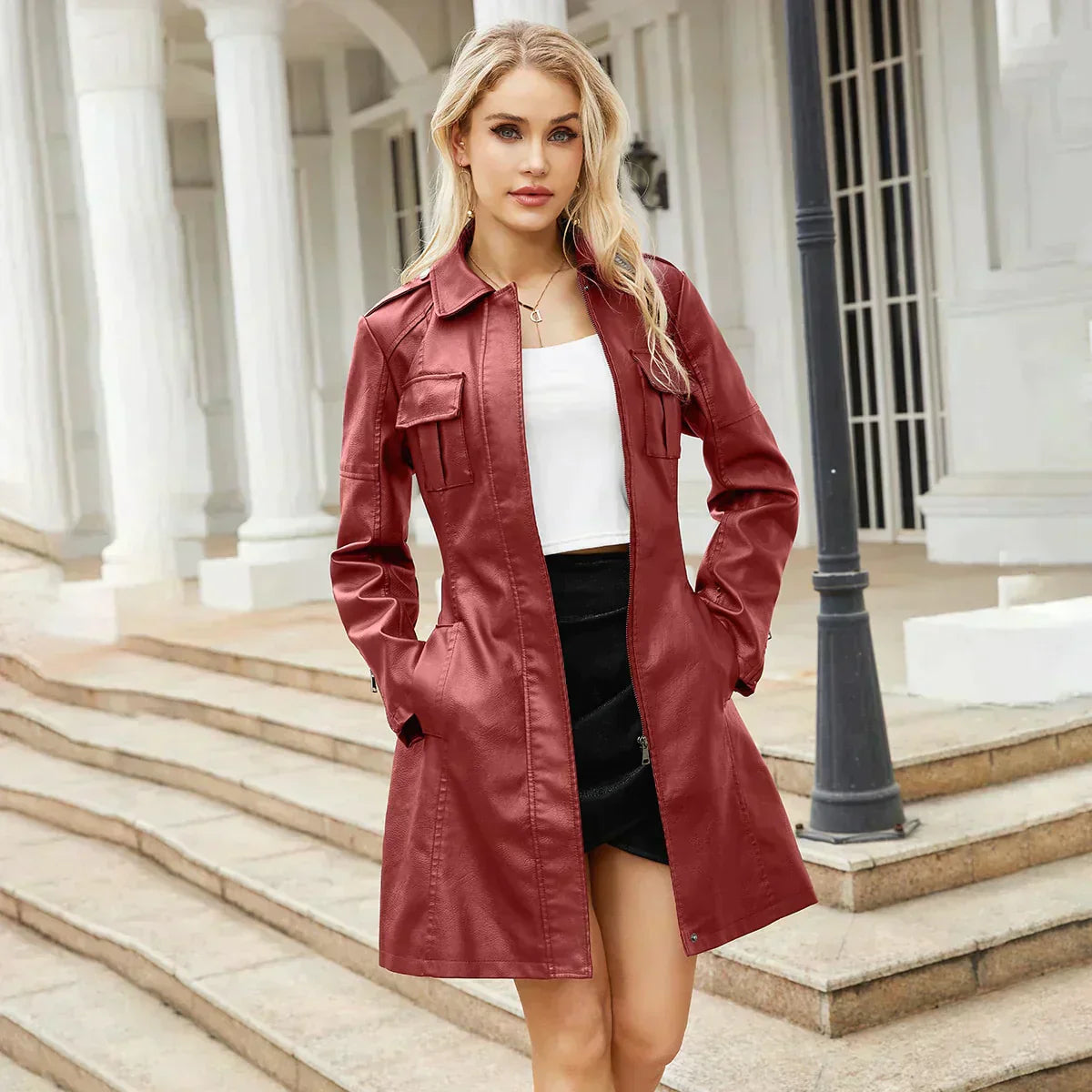 Women Belted Faux Leather Mid-Length Jacket | Cyrene