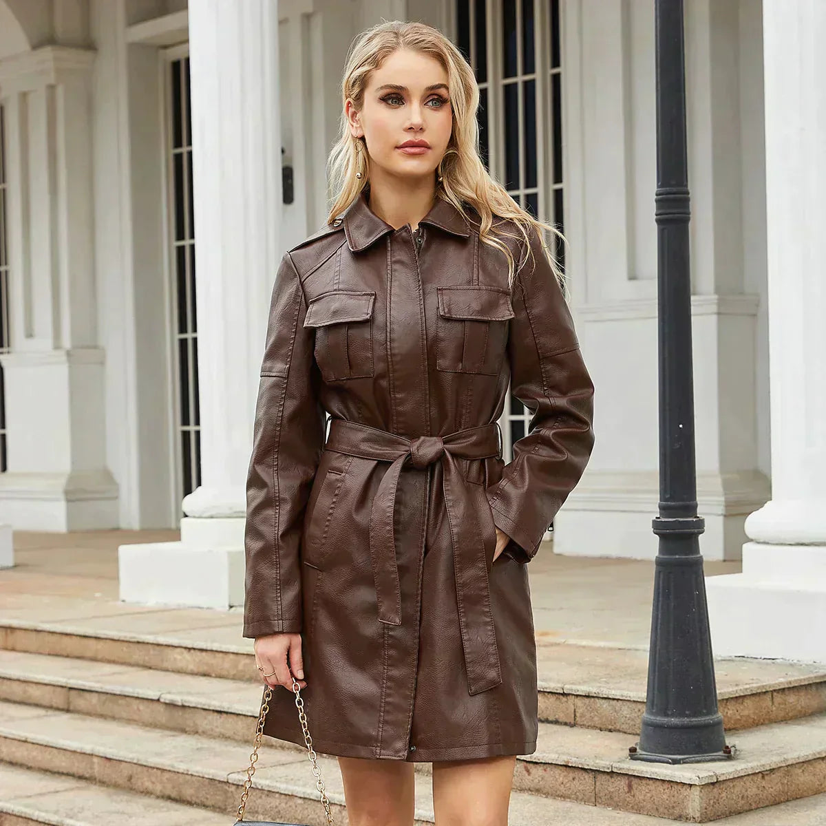 Women Belted Faux Leather Mid-Length Jacket | Cyrene