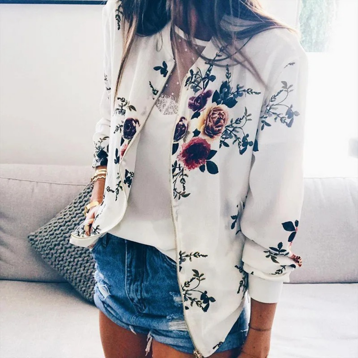 Women Floral Zip-Up Bomber Jacket | Carleigh