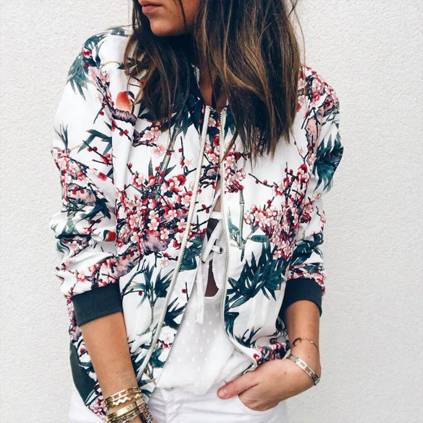 Women Floral Zip-Up Bomber Jacket | Carleigh
