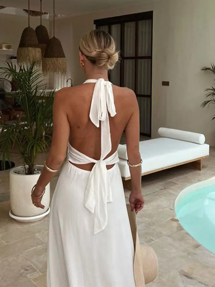 Women Backless Halter Maxi Dress with High Slit | Aya