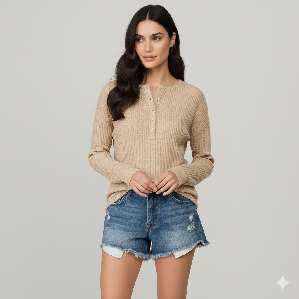 Women Casual Waffle-Knit Henley | Frances