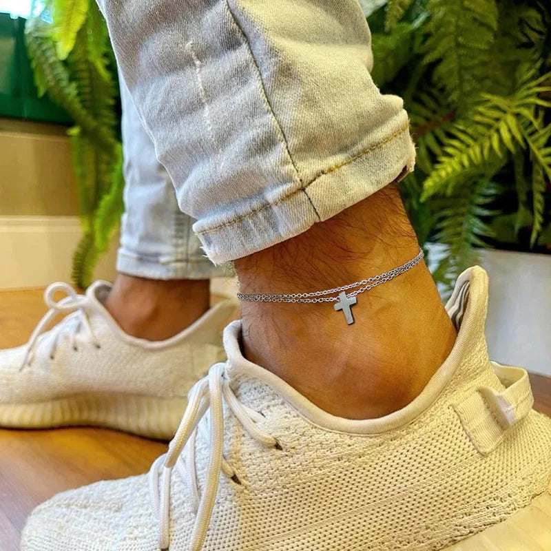 Men's Anklet Stainless Steel Double Chain with Cross Charm | Christian-2