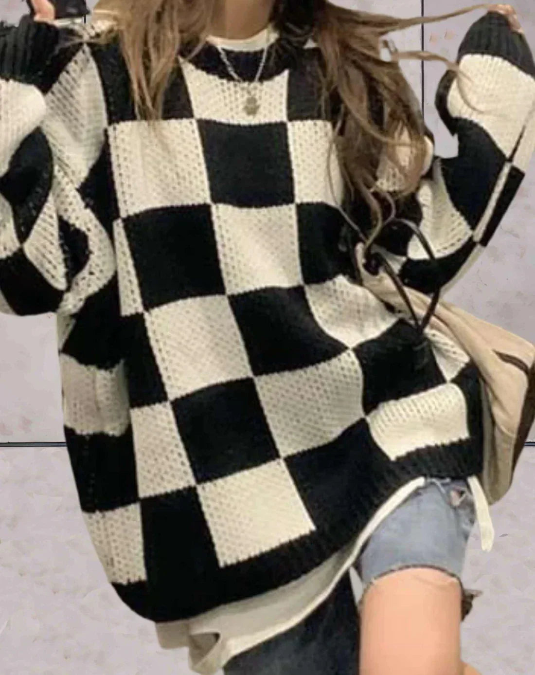 Variant image for Women Knit Sweater Checkered Pattern | Dagmar-9