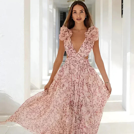 Women V-Neck Ruffled Floral Maxi Dress with Flowing Skirt | Elara