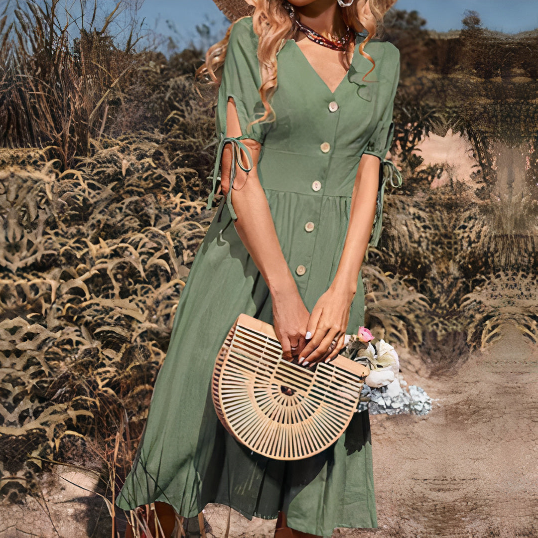 Women Button-Up Midi Dress with Tie Sleeves | Bertha