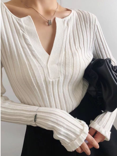 Women Ribbed V-Neck Pullover Sweater | Analina