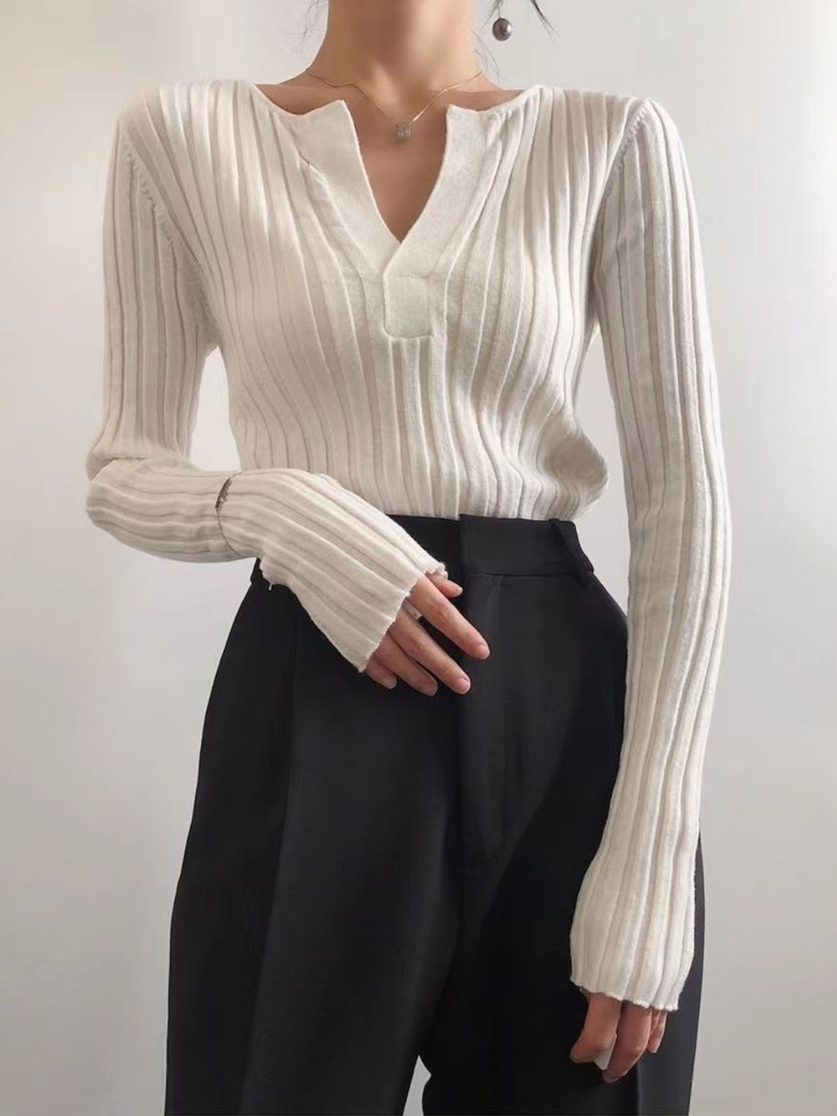 Women Ribbed V-Neck Pullover Sweater | Analina