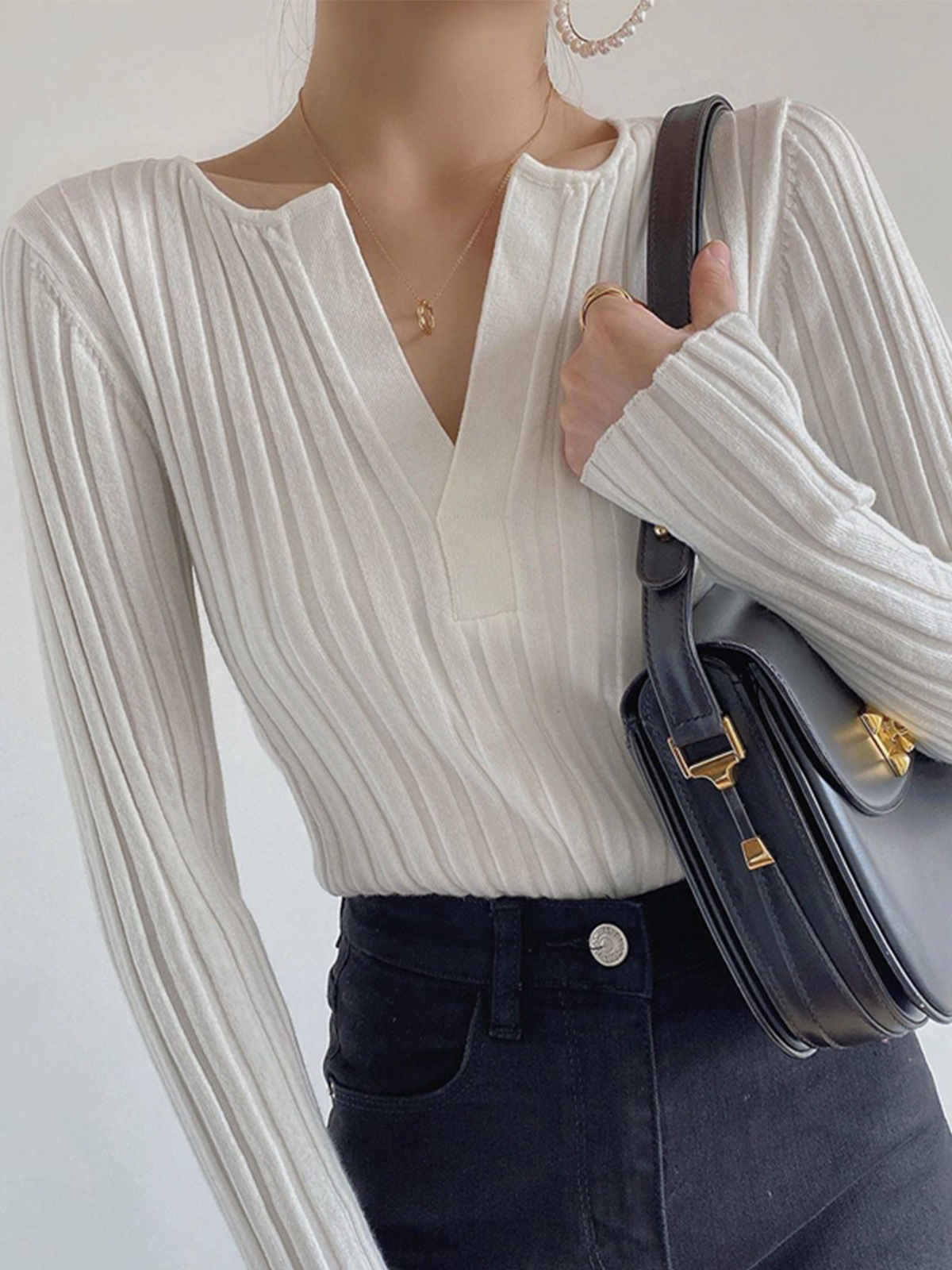 Women Ribbed V-Neck Pullover Sweater | Analina