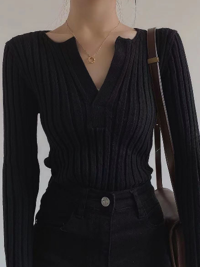 Women Ribbed V-Neck Pullover Sweater | Analina