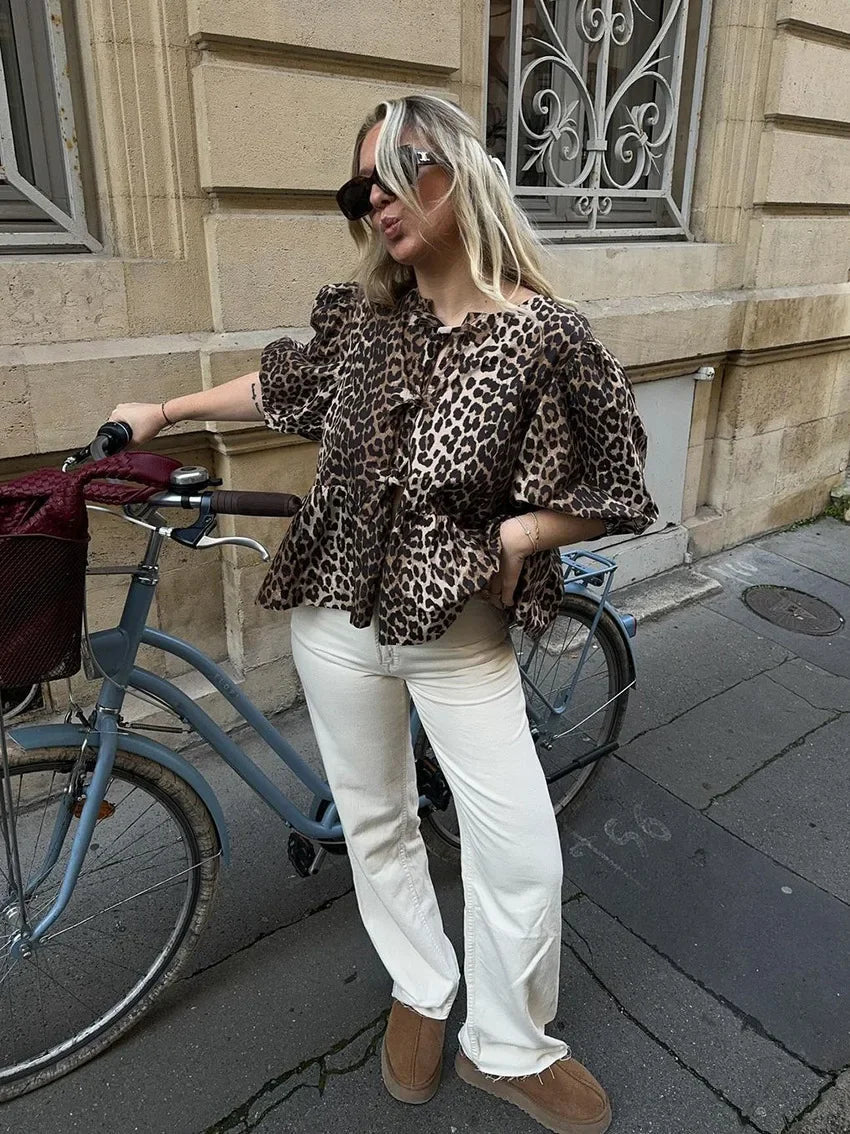 Women Leopard Print Puff Sleeve Top | Ivana