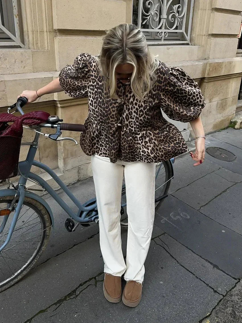 Women Leopard Print Puff Sleeve Top | Ivana