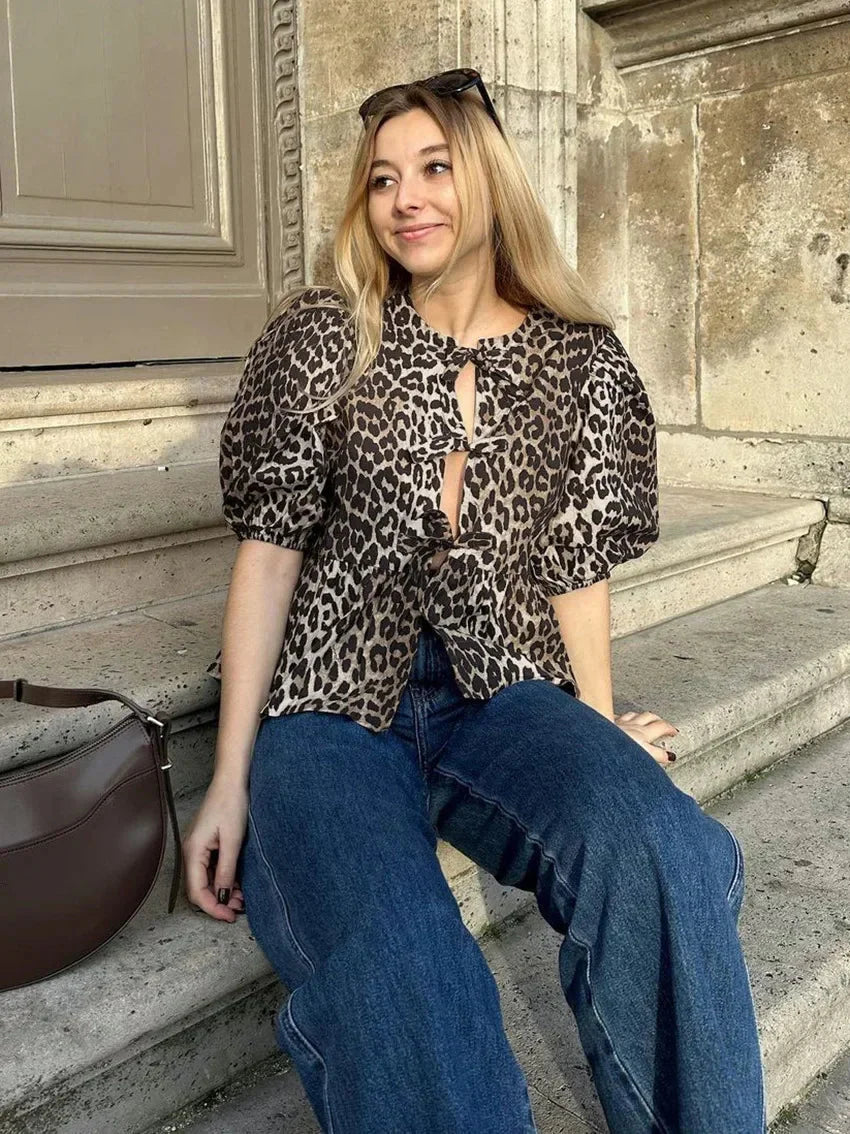 Women Leopard Print Puff Sleeve Top | Ivana